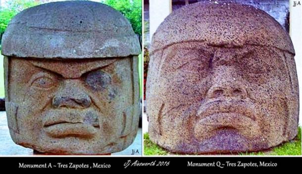 Colossal Heads - Tres Zapotes, Mexico - Monument A (top left) and Monument Q (top right and bottom).