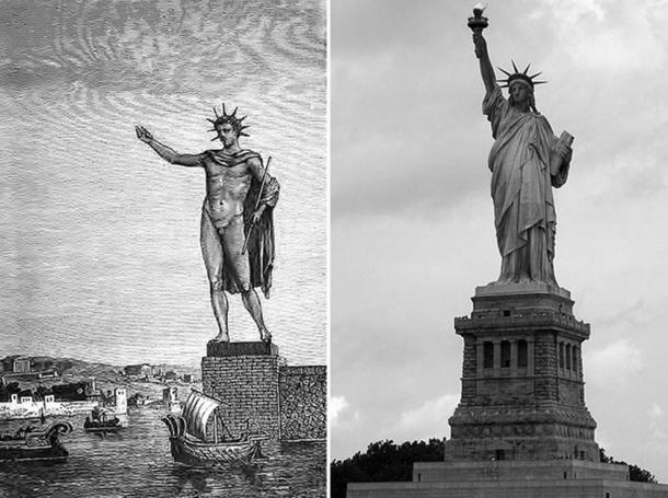 Colossal statues, then and now. Left, illustration of the Colossus of Rhodes in ancient Greece, and right, the Statue of Liberty of the United States of America. 