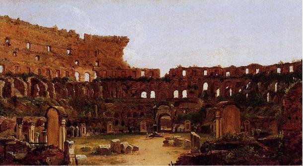 Painting of the Colosseum in Rome in 1832, showing extensive disrepair and vegetation.