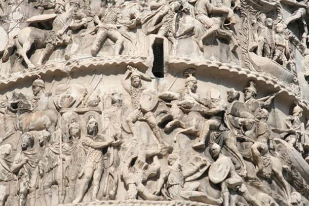Detail from the Column of Marcus Aurelius in Rome shows the story of his victories.