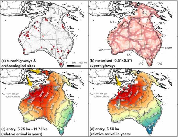 Combined model inputs and outputs graphic from the study of the peopling of Sahul. (Bradshaw et. al. / CC BY-NC-ND 4.0)