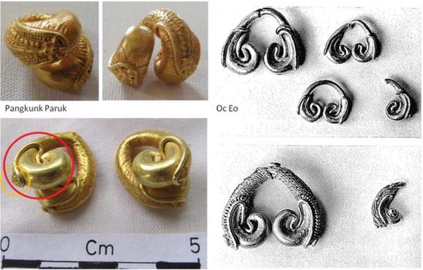 Comparison between Bali gold ear pendants (left) and Oc Eo gold ear pendants with the circles highlighting the similarity of the decorative schemes. (right: A. Calo & left: Malleret (1962) / Antiquity Publications Ltd)