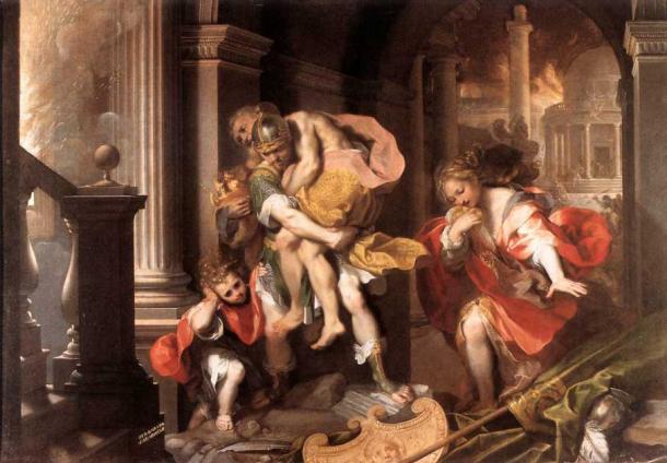 Comparison can be made between Tarchon and Tyrrhenus and Romulus and Remus, as well as between Tyrrhenus and Aeneas. Painting of Aeneas fleeing burning Troy, 1598 (Public Domain)
