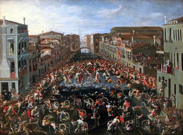 Concurso en el Ponte dei Pugni, pintado por Joseph Heintz el Joven, durante la era de las Guerras de los puentes venecianos, que lucharon cada vez más con los puños en la década de 1600. (Joseph Heintz el Joven / Dominio público)
