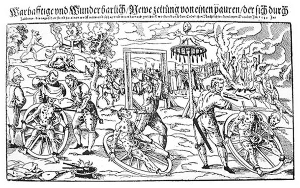 Xilografía compuesta de Lukas Mayer de la ejecución de Peter Stumpp en 1589 en Bedburg, cerca de Colonia.