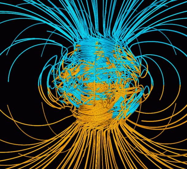 Computer simulation of the Earth's field in a period of normal polarity between reversals.