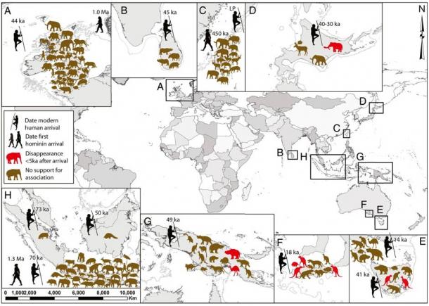 Grupos de islas del continente con un registro documentado de homínidos del Pleistoceno y extinción de la vida silvestre, lo que sugiere que el impacto humano en la extinción de los animales se produjo más tarde que antes.