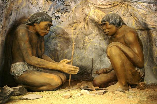Control of fire by early humans. A diorama showing ancient cavemen in the National Museum of Mongolian History in Ulaanbaatar, Mongolia.