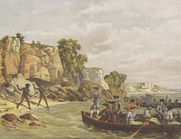 Cook's landing at Botany Bay in 1770. Lithograph by unknown artist, first published in the Town and Country Journal New South Wales, 21 December 1872 (Public Domain)