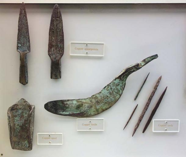 Copper knife, spear points, awls, and spade, from the Late Archaic period, Wisconsin, 3000 BC-1000 BC