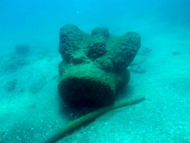 Corinthian columns once transported on a Roman ship which sank 1,800 years ago off the coast of Israel. (Israel Antiquities Authority)