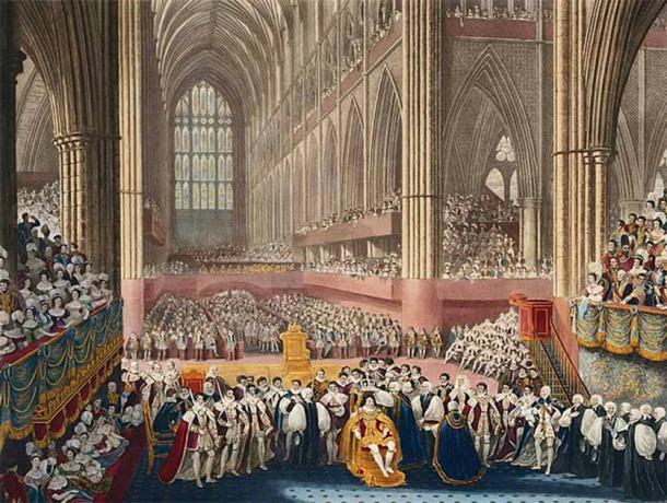 Painting depicting the Coronation of George IV. Determined to prevent his estranged wife, Caroline of Brunswick’s coronation as consort, George IV instructed the guards at the Abbey entrances to deny her entry.  (Public Domain)