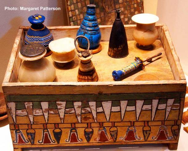 Cosmetics chest of Merit, the wife of the royal architect Kha (Eighteenth Dynasty). The well-stocked tomb of this couple who were buried together, was discovered intact by Ernesto Schiaparelli in 1906. Museo Egizio, Turin, Italy.