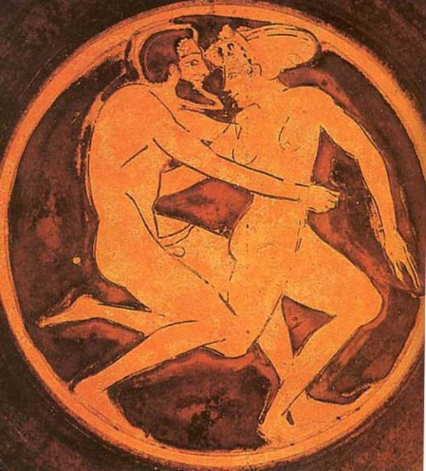 Courtesan and her client. Tondo of a red-figure cup, circa. 510-500 BC. (Public Domain)