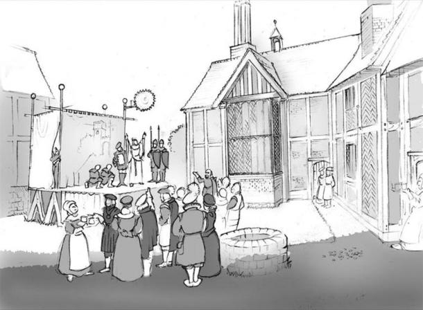 The New Place Courtyard with a stage erected, players and invited audience, based on reconstructions of performances at the courtyard inn theatres. Illustration by Philip Watson, Author provided (No reuse)