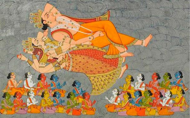 The Creation of the Cosmic Ocean and the Elements (detail), folio 3 from the Shiva Purana, c. 1828. (3rd paintings). The royal collection of the Mehrangarh Museum Trust, Jodhpur. (Public Domain)