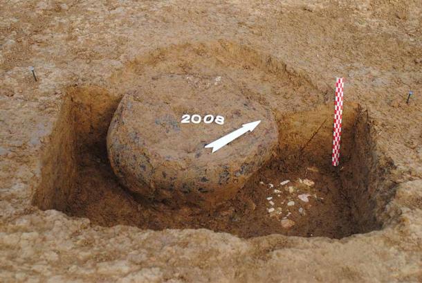 Crematin urn discovered in the necropolis before its removal to be excavated in the laboratory.