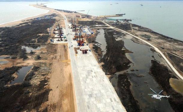 The 2,000-year-old remains were found near the construction of the Crimean bridge, pictured.