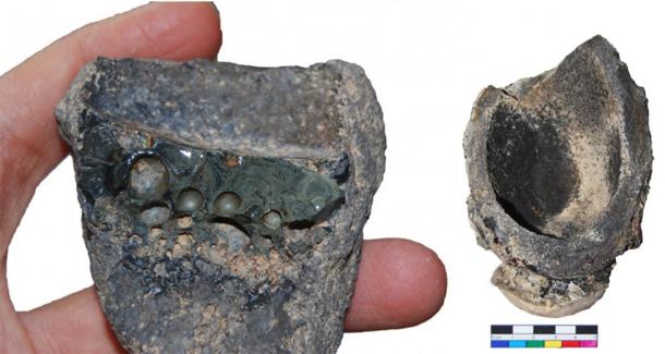 Crucible slag adhering to a crucible sherd and a broken Chahak crucible base where the crucible steel ingot would have solidified. (Image: Rahil Alipour, UCL)