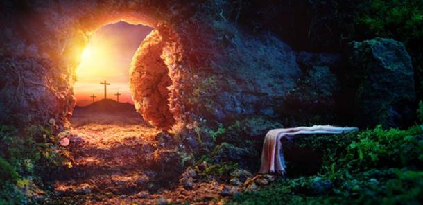 Crucifixion At Sunrise - Empty Tomb With Shroud - Resurrection Of Jesus Christ. (Romolo Tavani / Adobe)