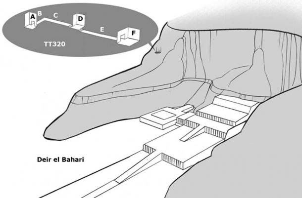 The location of DB320 at Deir el Bahari, where over 40 mummies were found