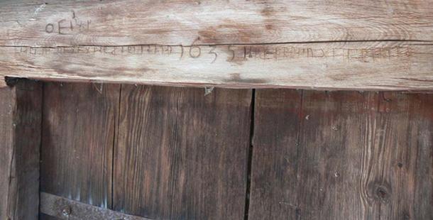 Dalecarlian rune inscription from 1635 in Orsblecksloftet, Zorns gammelgård, Mora, Mora Municipality, Dalarna, Sweden.