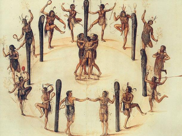 Танцуващи индианци от Секотан в Северна Каролина.  Акварел, рисуван от изследовател и художник Джон Уайт през 1585 г.