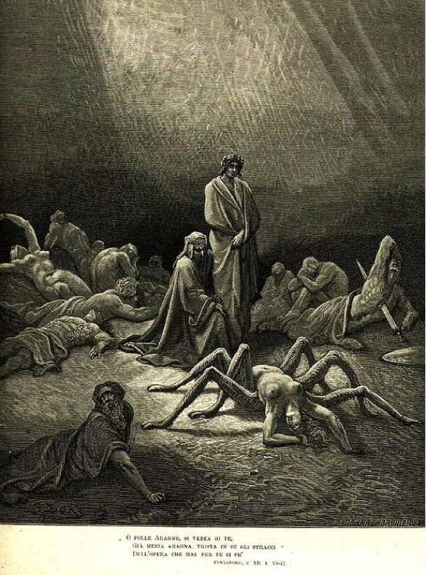 In an illustration for Dante’s Purgatorio 12, by Gustave Doré, Arachne’s twisted, spiderlike body can be seen.