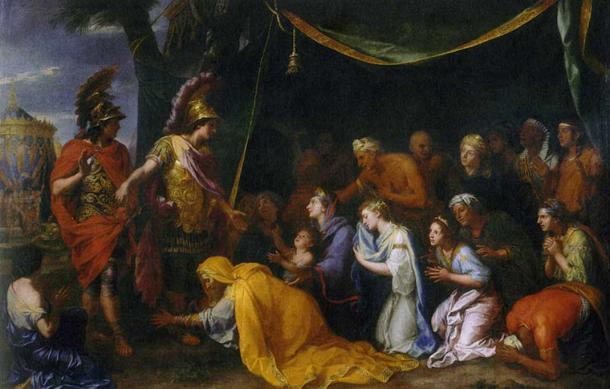 Darius III’s family in front of Alexander the Great. (1661) By Charles le Brun. Sisygambis (in yellow) is kneeling to ask for mercy.