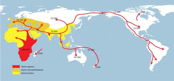 por Darwin "Fuera de África" La teoría, como muestra este mapa, también ha sido confirmada en gran medida por la reciente "el más grande" Estudio del árbol genealógico. El rojo es para el Homo sapiens, el amarillo brillante para los neandertales y el amarillo más oscuro para el Homo erectus. (NordNordWest / Dominio Público)