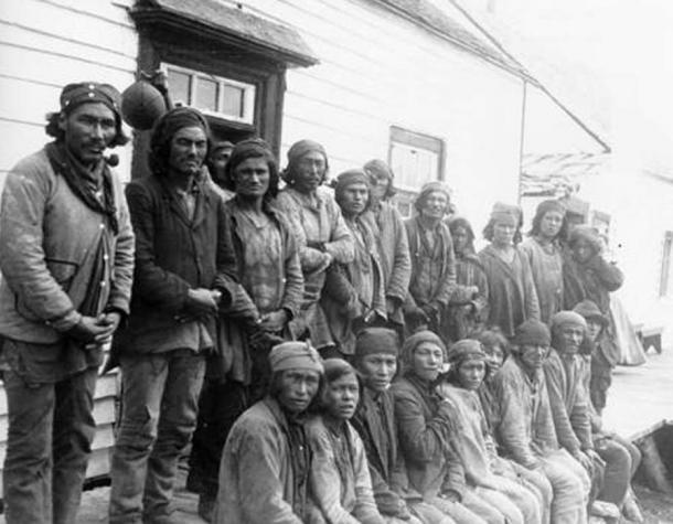 Davis Inlet, August 1903. Innu traders gathered outside the Hudson's Bay Company post in Davis Inlet, Labrador.
