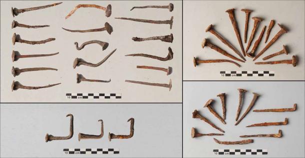 Dead nails. Upper left) bent and twisted nails from the primary cremation at Site F; lower left) nails from an ash pit with cremation remains at the same site; right) examples of coffin nails from two individual separate inhumations from the same site (© Sagalassos Archaeological Research Project/Antiquity Publications Ltd)