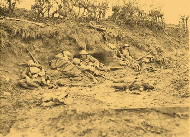 Dead and exhausted Australian and German soldiers after the action of October 9, 1917, near Celtic Wood. (Roads to the Great War)