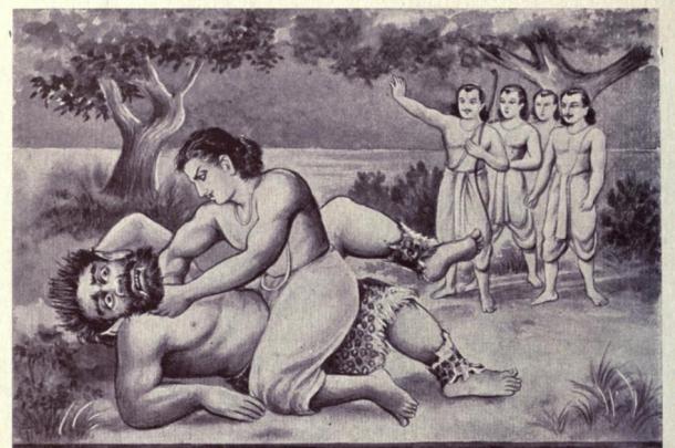 Death of the rakshasa Hidimba as illustrated in an edition of the Mahabharata epic. He was said to have been 8 cubits (4 meters) tall. Picture credit: public domain.)