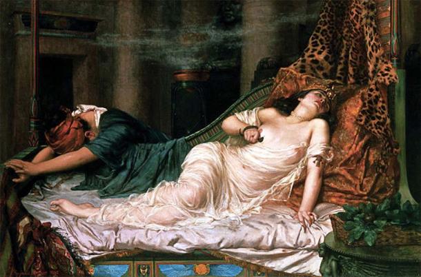 The Death of Cleopatra by Reginald Arthur, 1892. According to historical accounts, Cleopatra committed suicide by allowing an asp snake bite her. (Public domain)