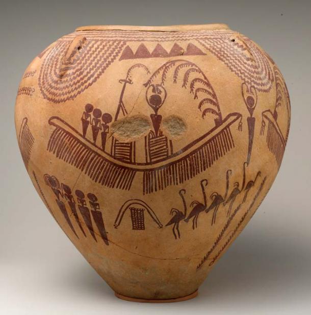 Decorated jar depicting ungulates and boats with human figures. The images on this vessel represent important social or religious events. In the areas surrounding the boat are mountains, birds that may represent flamingos, plants, and water. Predynastic, Late Naqada II, ca. 3500–3300 B.C. Metropolitan Museum of Art, New York. (Public Domain)