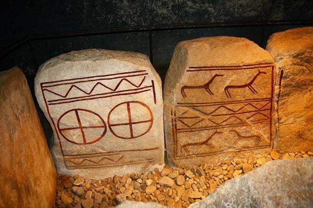 Decorated stone slabs inside The King’s Grave. 