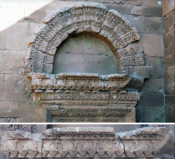 Decoración de la puerta interior del iwan del sur, con detalle del dintel, en el Templo de Allat en Hatra, Irak. (Fotografía cortesía de Aliph-ISMEO Project en Hatra / Antiquity Publications Ltd).