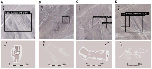 AI Deep Learning identificou quatro novos geoglifos de Nazca.  (A) Um humanoide, tipo relevo.  (B) Um par de pernas, tipo linha.  (C) Um peixe, tipo relevo.  (D) Um pássaro, tipo linha.  O estudo revela essas descobertas ao público pela primeira vez.  (Ciência Direta)