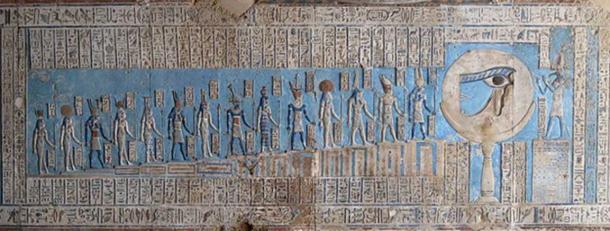 Deities each played a vital role in the lives and afterlives of Ancient Egyptians. Relief in Temple of Dendera, Egypt.