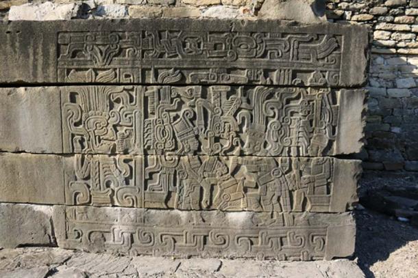 Delicately carved panel from the South Ballcourt, depicting a human sacrifice. The style of the carving is very peculiar and reminds of the Near East and Sumer. (Photo © Marco Vigato)