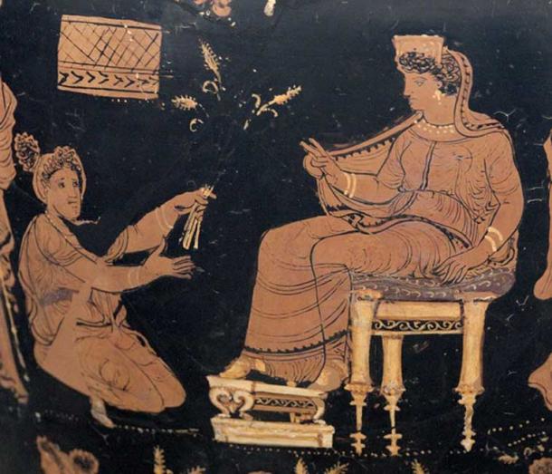 Demeter, enthroned and extending her hand in a benediction toward the kneeling Metaneira who offers the triune wheat that is a recurring symbol of the mysteries
