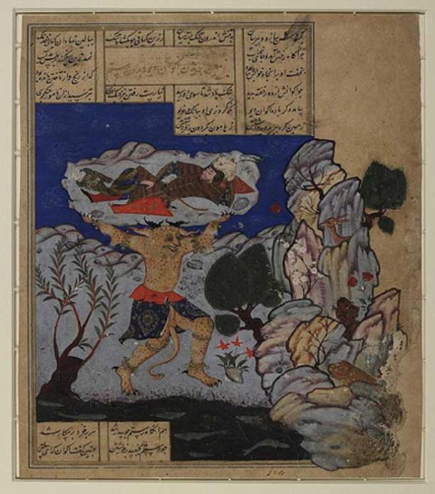 Demon Div Akvan throws Rustam into the Caspian Sea. (Public Domain)