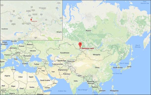 Denisova Cave marked on the world map.
