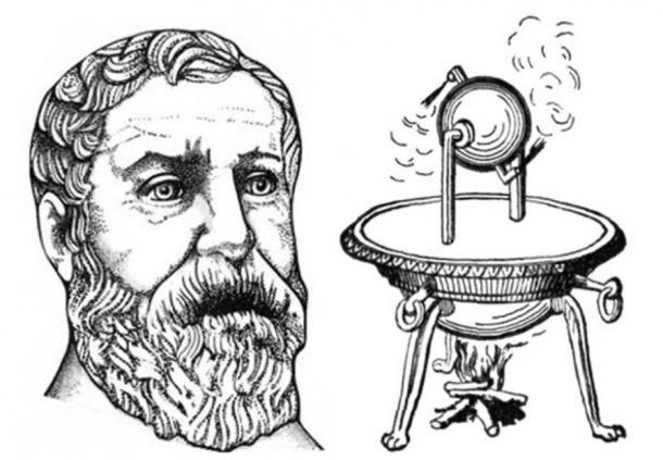 Depiction of Heron (Hero) of Alexandria (Public Domain) and his aeolipile, a simple bladeless radial steam turbine.