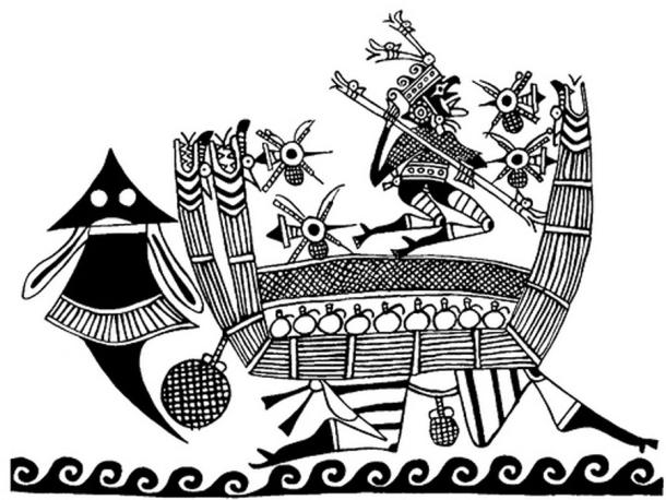 Depiction of a Moche reed boat.