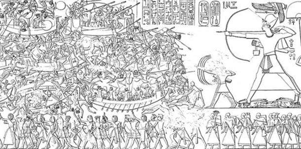 Depiction of a battle with the Sea Peoples found on the northeast wall of the mortuary temple Ramses III in Medinet Habu, Egypt, 1200–1150 bce (Public domain)
