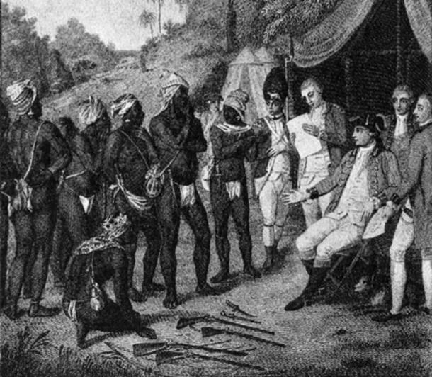 Depiction of treaty negotiations between Black Caribs and British authorities on the Caribbean island of Saint Vincent, 1773. (Public Domain)