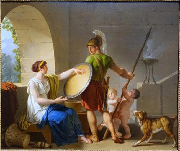 Depiction of Spartan woman giving a shield to one of her sons before he goes to war, while looking after her other children. (Daderot / Public domain)