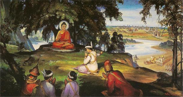 Depiction of King Bimbisara offering his kingdom to the Buddha. (Hintha / CC BY-SA 3.0)